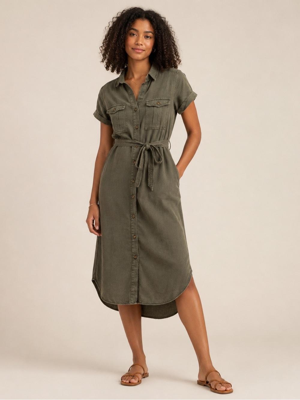Lucky Brand Olive Green Utility Shirt Dress Small Belted Button Front Midi